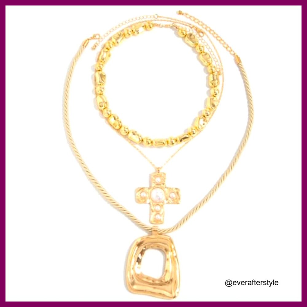 Chunky Statement Necklace Stack With Cross Pendan… - image 5